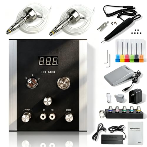 GEMKIT Dual-Handpiece Air-Free Pneumatic Engraving Machine for Jewelry, Built-in Compressor, 2 Pneumatic Handpieces + Micromotor, 3-in-1 Engraving/Polishing/Drilling, HH-AT03