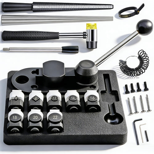 GEMKIT 27-Piece Ring Bending Tool Kit, 12-22mm Round & 60/90° Square Dies, Nylon Protective Molds, Multi-Scale Ring Sizer US/EU/UK/FR, Polishing Accessories for Jewelry Making | Model HH-B05L - main product image